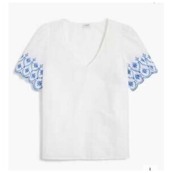 J Crew V Neck Embroidered Short Sleeve 100% Cotton Top US Women's M New - Picture 1 of 7